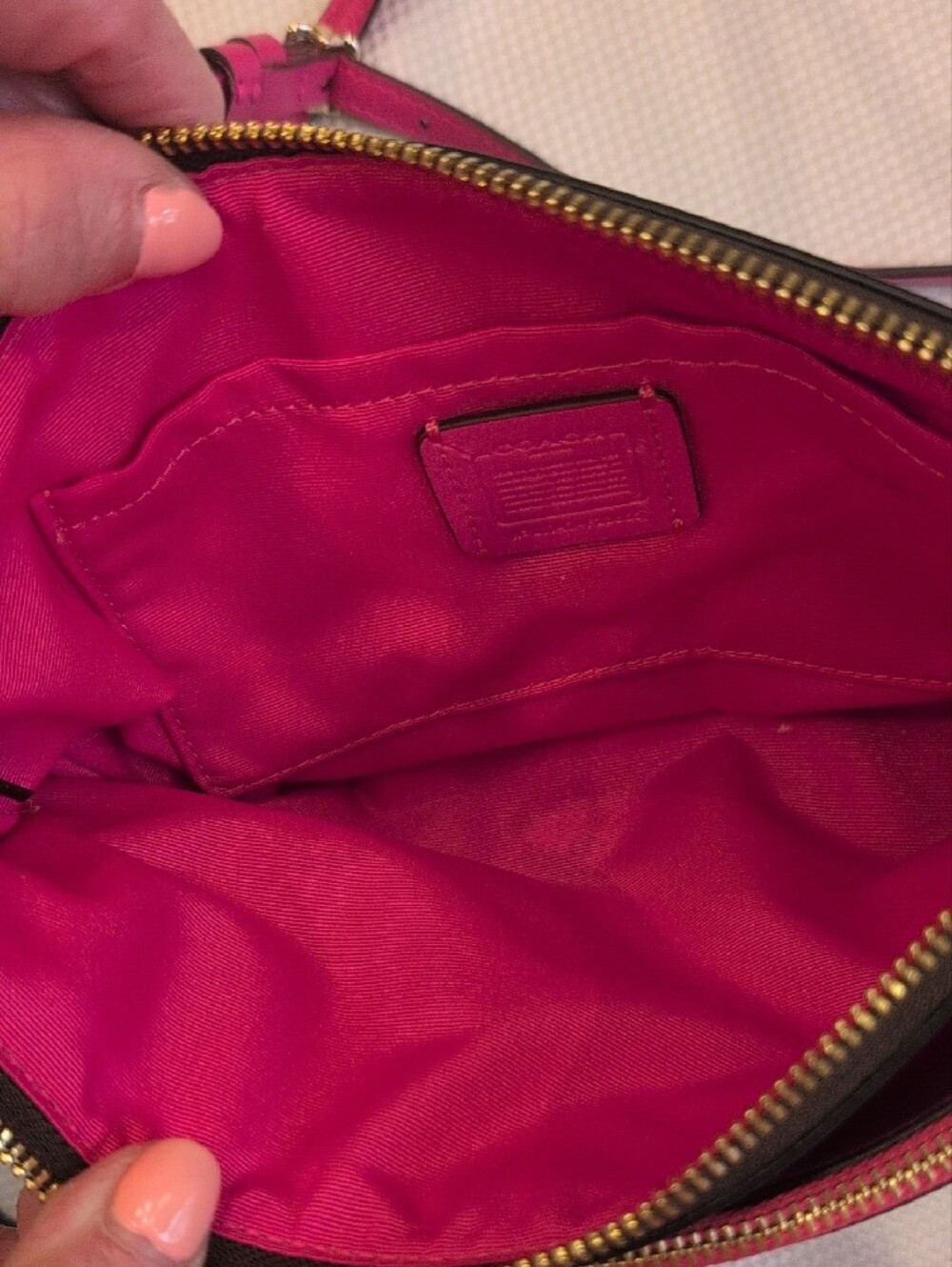 COACH Brown Signature East/West Pop Crossbody with Pink Trim and Strap - Picture 5 of 7